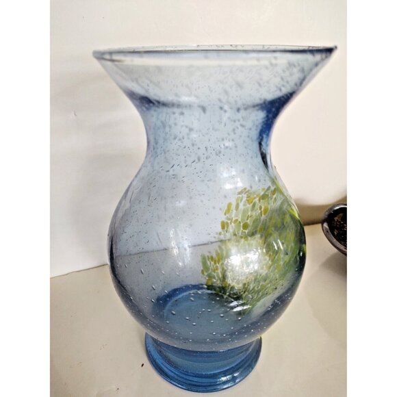 Murano Vintage Hand Blown Blue Forced Bubble Art Glass Vase Green/Yellow - Picture 6 of 14